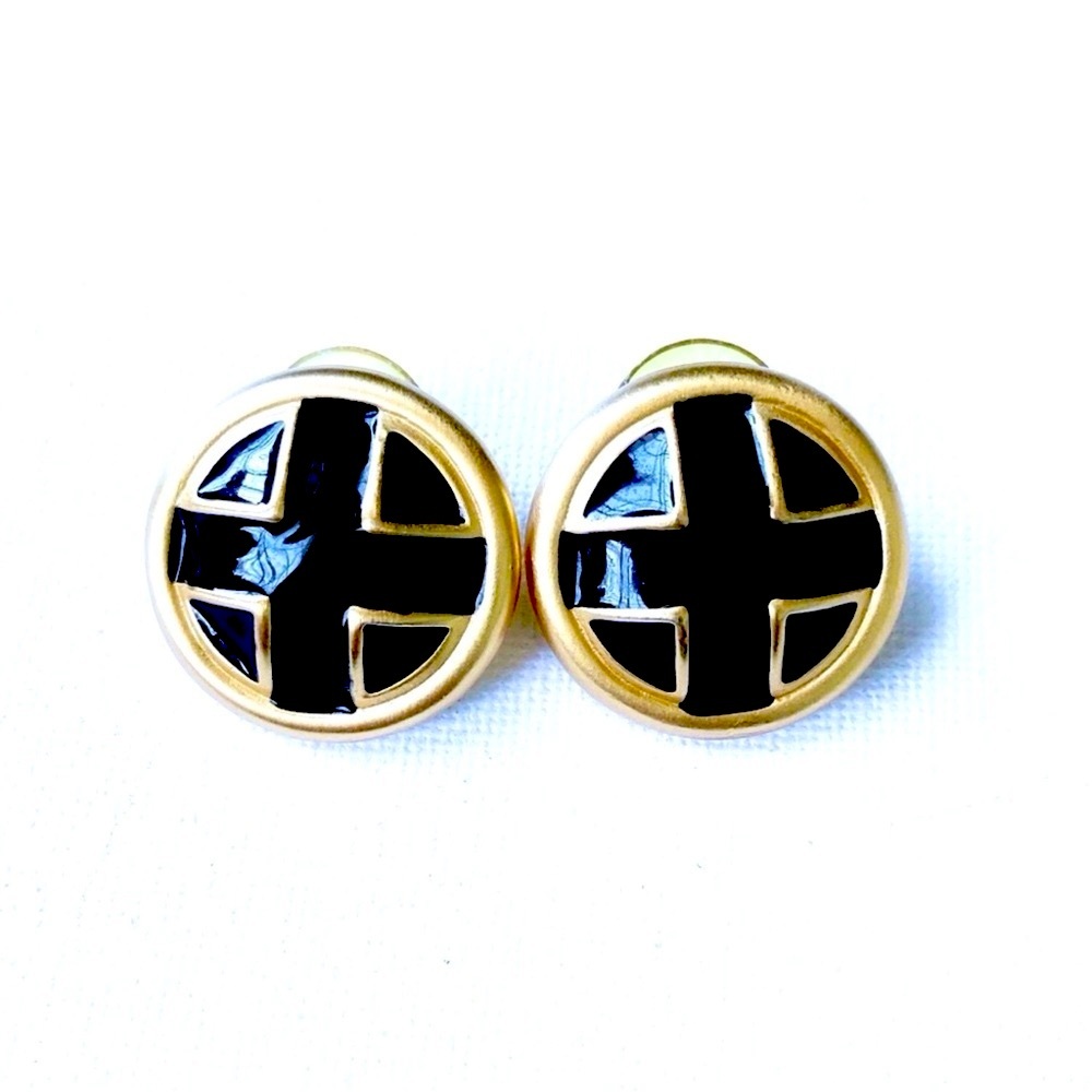 Vintage AK Anne Klein Black Onyx Gold Enamel Dome Post Earrings